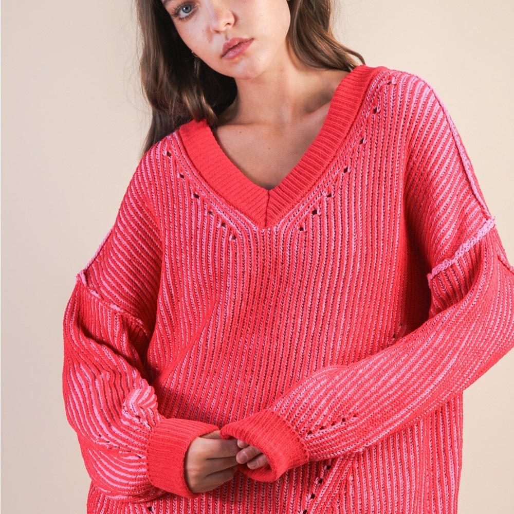 Very J V-Neck Sweater - Bright Coral